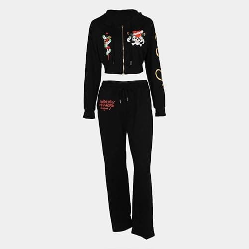 Women's Skeleton Printed Zipper Set Short Open Hoodie High Waist Straight Leg Pants Running Two Piece Set thumbnail 5