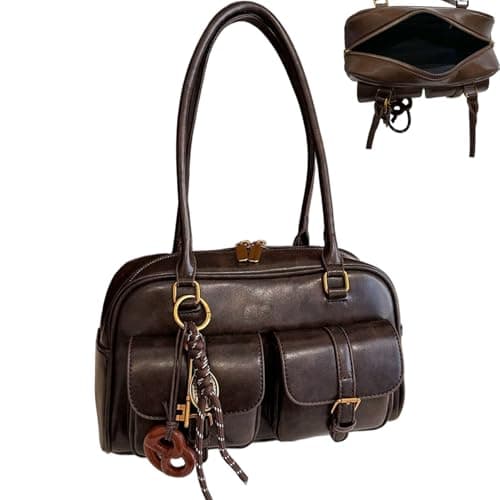 Y2k Shoulder Bag PU Leather Vintage Purse with Pendant Large Capacity Top Handle Y2k Purse for Shopping Work Travel thumbnail 4