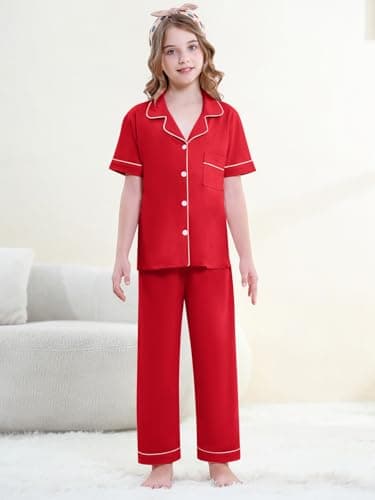 QZH.DUAO Girl & Women's 100% Cotton Short Sleeves and Long Pants Pajama Set,2-Piece, 5 Years - Large, Red, 11-12 Years thumbnail 2