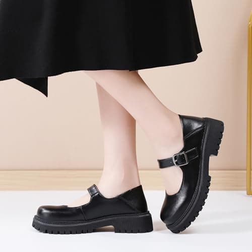 XMM Mary Jane Shoes Black Platform Chunky Mary Janes for Women Ladies Comfort Leather Round Toe Non-Slip Ankle Strap Dressy Casual Cute Girls Kawaii Lolita School Trendy Work Shoes US 9 thumbnail 2