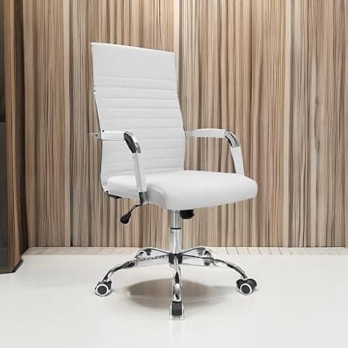 Furmax Ribbed Office Desk Chair Mid-Back PU Leather Executive Conference Task Chair Adjustable Swivel Chair with Arms (White) thumbnail 5