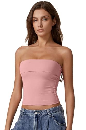 QINSEN Womens Y2k Off Shoulder Tops Double Lined Strapless Tube Top Going Out Bandeau Crop Tops Pink M thumbnail 3