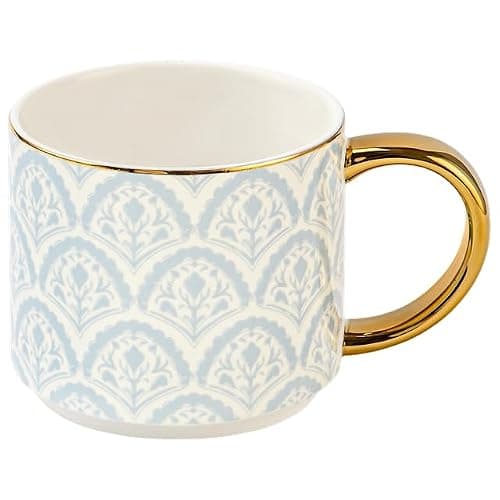 Sweet Water Decor Blue Fan Ceramic Mug with Gold Handle, Large 14oz Fine Bone China Tea Cup, Cute Coffee Mug, Vintage Floral Spring Drinkware, Hostess & Housewarming Gift for Women & Teachers - Image 1