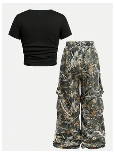 RoseSeek Girl's 2 Piece Summer Outfits Short Sleeve Ruched Basic Tess and Camo Cargo Pants Sets Trendy Black 10Y thumbnail 2