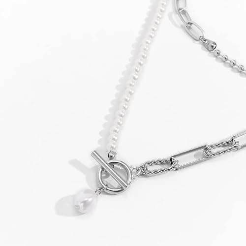 Bethynas Dainty Silver Layered Baroque Pearl OT Clasp Necklace Stacking Beaded Ball Chain Paperclip Pearl Chain Retro Necklace for Women thumbnail 4