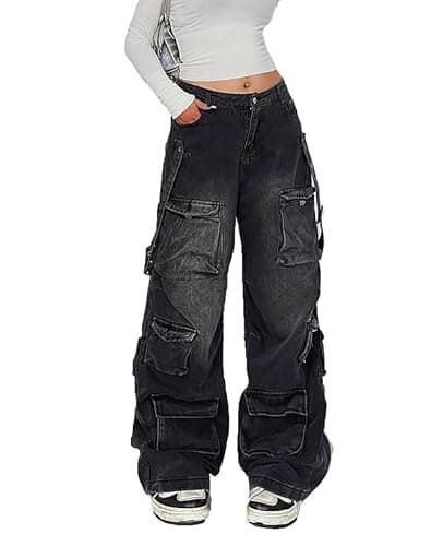 Lafaguw Women's Cargo Pants Low Waist Baggy Jeans Pocket Wide Leg Casual Trendy Streetwear Grunge Emo Clothes - Large - Black1 - Image 1
