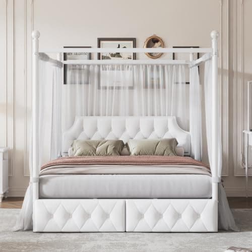 CITYLIGHT Metal Canopy Platform Bed with Upholstered Headboard, Queen Size Canopy Bed with 2 Storage Drawers (Metal, White) - White Metal - Queen thumbnail 3