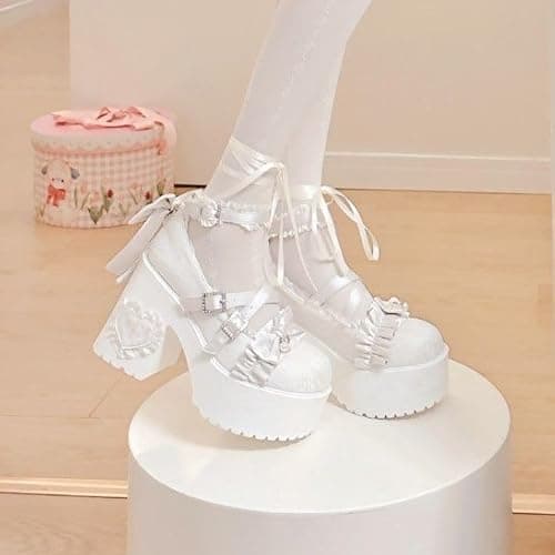 Kawaii Mary Jane Heels for Women Cute Lolita Shoes Chunky Platform Round Toe Bow Cross Strap Lace Buckle Comfy Party Cosplay Shoes thumbnail 7