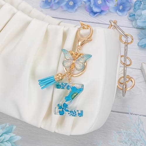 MWOOT Initial Letter Z Keychain Resin Alphabet Keyrings,Blue Petals Gold Foil Key Ring Charm with Butterfly Tassel Pendant,Kawaii Key Chain for Womens Gift Ideas Wallet Purse Bag Handbag Decor (Z) thumbnail 7