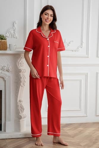 QZH.DUAO Girl & Women's 100% Cotton Short Sleeves and Long Pants Pajama Set,2-Piece, 5 Years - Large, Red, 11-12 Years thumbnail 7