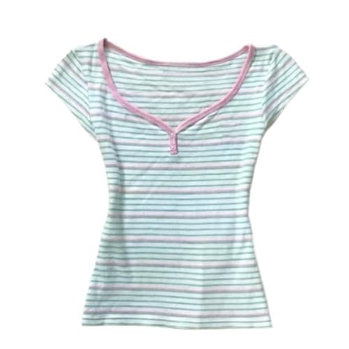 Womens Y2K Sweet Japanese Kawaii Pastel Stripe Print Henley T Shirt Cute V Neck Soft Aesthetic Casual Fitted Baby Tee - Image 1