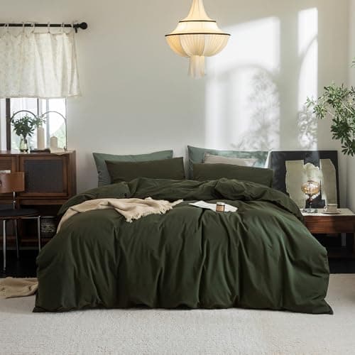 FOSSA Duvet Cover Set 100% Washed Cotton Linen Feel Super Soft Breathable Cozy 3 Pieces Bedding Sets Solid Olive Green Full/Double - Image 1