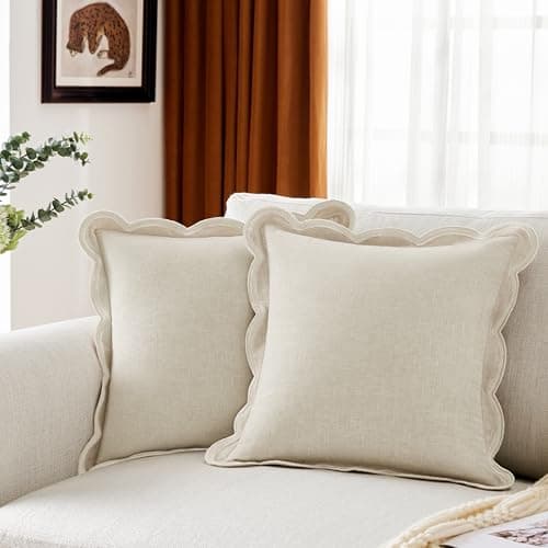 Ohocut Scalloped Pillow Cover Pack of 2 Spring Chenille Decorative Throw Pillow Covers Cute Boho Couch Pillow Covers Aesthetic Funky Preppy Pillow Cases for Sofa Living Room (Cream White, 18x18 Inch) - Image 1