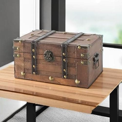 SLPR Alexander Small Wooden Treasure Chest - 11" x 7" x 5.5", Wood Storage Box with Hinged Lid, Decorative Trunk for Keepsakes, Vintage Pirate Chest for Classroom thumbnail 6