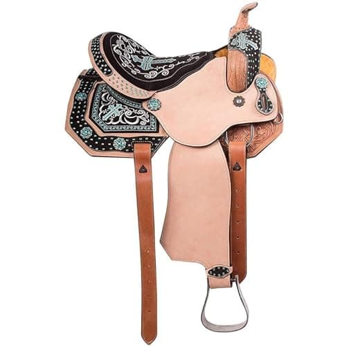 EQUESTROUS Treeless Western Leather Saddle Tack Set - Floral Hand-Tooled Horse Saddle with Matching Headstall & Breast Collar Color (Turquoise, 11" Seat Size) thumbnail 3
