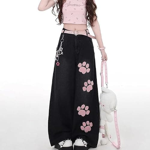 Kawaii Cat's Claw High Waisted Wide Leg Jeans for Women Y2K Harajuku Fashion Denim Pants with Patchwork Design thumbnail 2