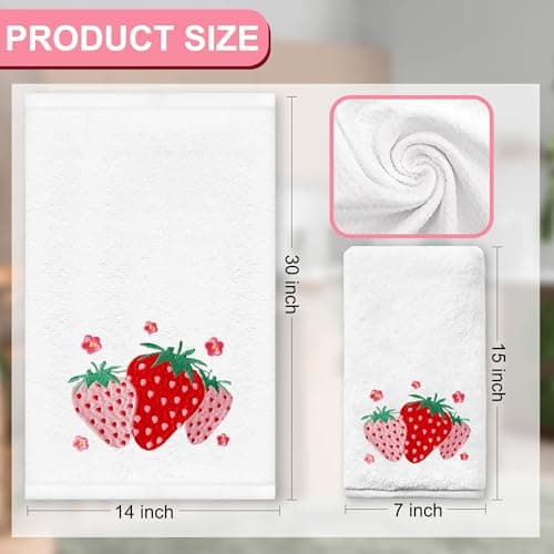 Yanhuecui Strawberry Hand Towels for Bathroom Set of 2, Strawberry Bathroom Decor, Spring Pink Cotton Soft Embroidered Towels for Kitchen Bath 14x30 Inches, Summer Decorations Hand Towels Gifts thumbnail 2