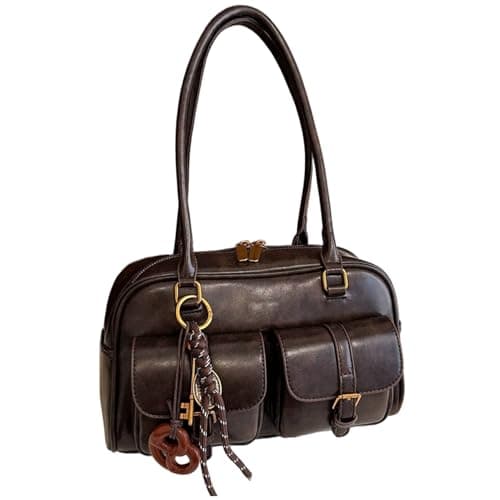Y2k Shoulder Bag PU Leather Vintage Purse with Pendant Large Capacity Top Handle Y2k Purse for Shopping Work Travel - Image 1