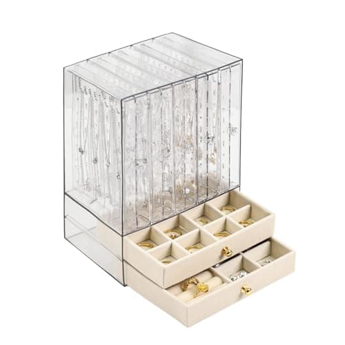 Greenfeather Jewelry Organizers and Storage, Clear Acrylic Jewelry Box with 40 Necklace Hooks 120 Pairs of Earring Holes 2 Velvet-Lined Drawers for Rings Necklaces Earrings thumbnail 7