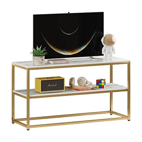 Function Home TV Stand for TVs up to 50 Inch, 3 Tier Entertainment Center, Modern TV Cabinet with Marble Top and Gold Metal Base, 42" Media Console Table with Storage for Living Room Bedroom - 42" Gold - Image 1