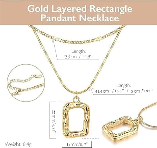 Evabelle Gold Layered Necklace for Women Trendy Jewelry 14K Real Gold Plated Chunky Chain Stackable Necklaces Dainty Choker Necklaces Rectangle Square Pendant thumbnail 3