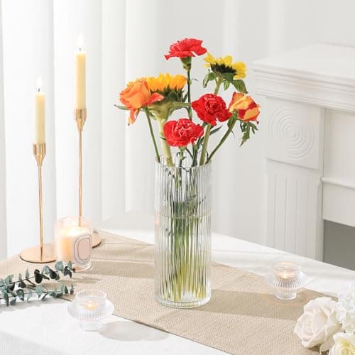 YANWE1 Clear Glass Vase, Glass Flower Vase, Ribbed Glass Vase, Clear Vase, Tall Cylinder Glass Vases for Centerpieces, Living Room, Dining Table, Office, Wedding, Bookshelf Decoration, 9.8 Inches thumbnail 2