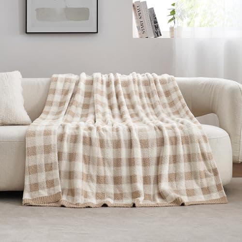 Snuggle Sac Checkered Throw Blanket for Couch, Super Soft Cozy Warm Knit Netural Decorative Fluffy Blankets, Reversible Buffalo Plaid Microfiber Throws for Sofa Bed, Plaid Beige, 50x60 Inches thumbnail 9