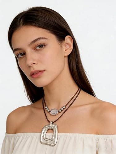 joymiao Boho Necklaces for Women Chunky Circle Necklace Layered Boho Circle Leather Choker Necklace Long Vintage Necklaces Bohemian Jewlery Gifts thumbnail 2