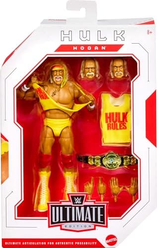 Mattel WWE Ultimate Edition Action Figure & Accessories Set, Hulk Hogan 6-inch Collectible with Swappable Heads & Hands, 30 Articulation Points thumbnail 2