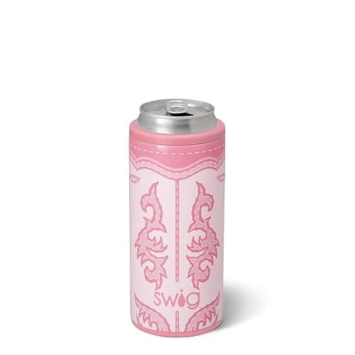 Swig Life 12oz Skinny Can Cooler for Slim Cans, Boot Scootin' Pink | Insulated Stainless Steel - Fits Slim 12oz Cans - Keeps Drinks Cold - No Sweat Design - Beach & Tailgate Ready - Image 1