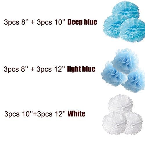 18pcs Tissue Hanging Paper Pom-poms, Hmxpls Flower Ball Wedding Party Outdoor Decoration Premium Tissue Paper Pom Pom Flowers Craft Kit (Blue & White), 8"/ 10"/ 12" thumbnail 3