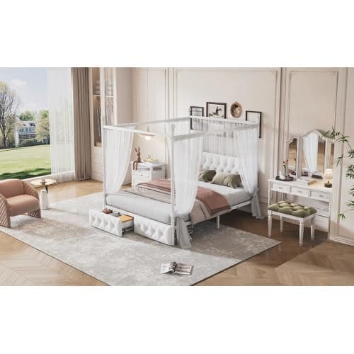 CITYLIGHT Metal Canopy Platform Bed with Upholstered Headboard, Queen Size Canopy Bed with 2 Storage Drawers (Metal, White) - White Metal - Queen thumbnail 9
