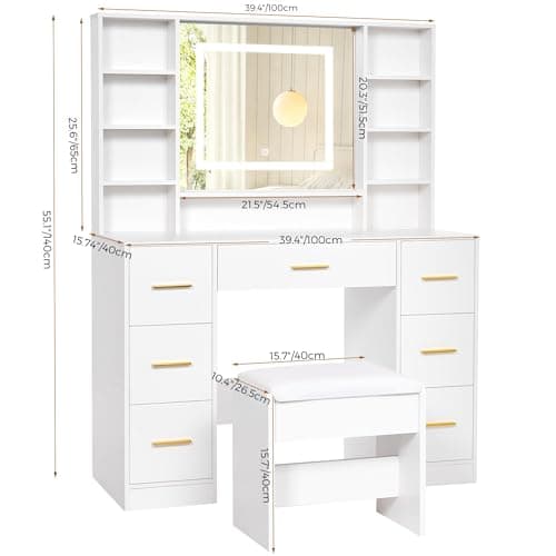 YUNSCEND White Vanity Desk with LED Lighted Mirror and Power Outlet,39.37" Makeup Vanity Table Set with 7 Drawers 6 Open Shelves 3 Color Lighting Mode Dressing Table for Women Bedroom Dressing Room thumbnail 5