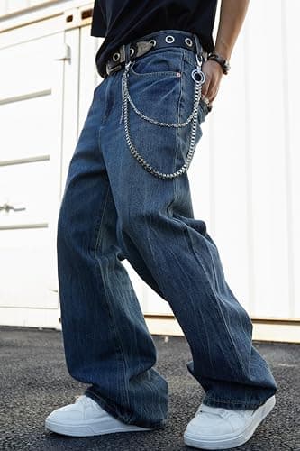 MZNBURAM Men's Super Baggy Jeans - Wide Leg Loose Fit Denim Pants Y2K Hip Hop Streetwear Skater Casual Trousers (34, Dark Blue Washed) thumbnail 3