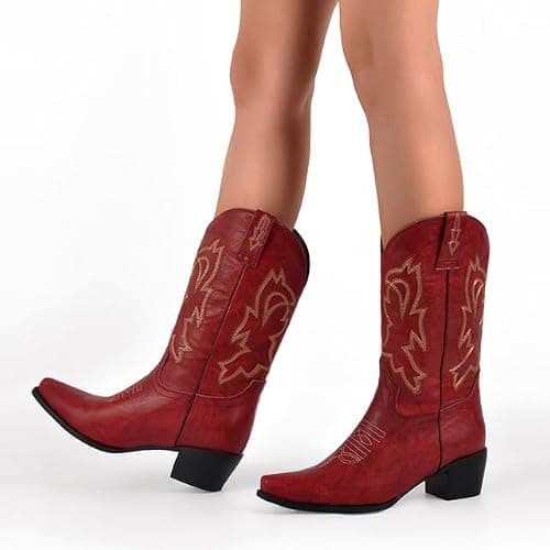 Yolkomo Cowboy Boots for Women Red Western Cowgirl Boots, Pointed Toe, Mid Calf, Knee High thumbnail 2