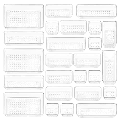 Vtopmart 25 PCS Clear Plastic Drawer Organisers Set, 4-Size Versatile Bathroom and Vanity Drawer Organiser Trays, Storage Bins for Makeup, Bedroom, Kitchen Gadgets Utensils and Office - Image 1
