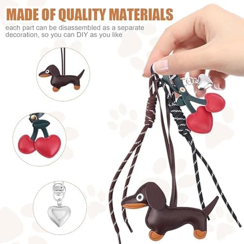 Leather Dachshund Keychain, Cute Dog Heart Cherry Keyring Puppy Bag Pendant Key Chain Charm Dachshund Accessories for Handbag Purses Bags Cars Fashion Gifts for Dog Lovers thumbnail 3