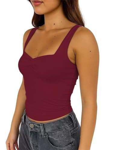 ForeFair Women's Sexy Sleeveless Tank Top Summer Going Out Top Pleated Sweetheart Neck Strap Tight Slim Fit Cute Tops(L,Burgundy) thumbnail 4