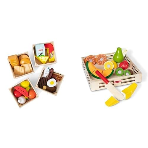 Melissa & Doug Wooden Play Food Bundle - 21 Hand-Painted Food Pieces with 4 Crates & 17-Piece Cutting Fruit Set with Storage Box - Image 1