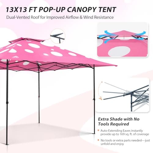 EAGLE PEAK 13x13 Straight Leg Pop Up Canopy Tent Instant Outdoor Canopy Easy Single Person Set up Folding Shelter w/Auto Extending Eaves 169 Square Feet of Shade (Pink Mushroom) thumbnail 4