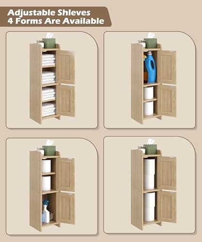 Akxomel Rattan Small Bathroom Cabinet with 2 Doors, 7.9''D x 7.9''W Narrow Toilet Paper Storage Cabinet, Bathroom Organizer for Small Spaces, Wooden Slim Corner Unit with Adjustable Shelf, Natural Oak thumbnail 6