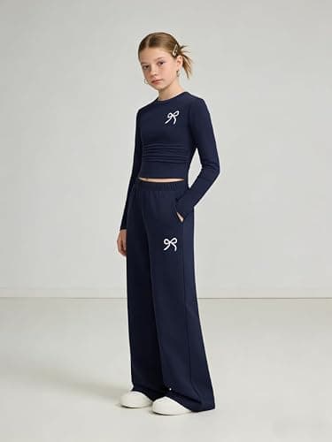 Afsmlys Tween Girls Clothes Long Sleeve Bow Knot Print Top + Wide Leg Pants 2 Piece Outfit Set, Size 7-16 Years thumbnail 3