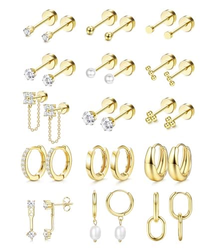 LOLIAS Flat Back Earrings for Women Hypoallergenic Surgical Steel Earrings for Sensitive Ears-20G Cartilage Earring Stacks 14K Gold Plated Hoops Flatback Stud Earring Sets for Multiple Piercing - Image 1