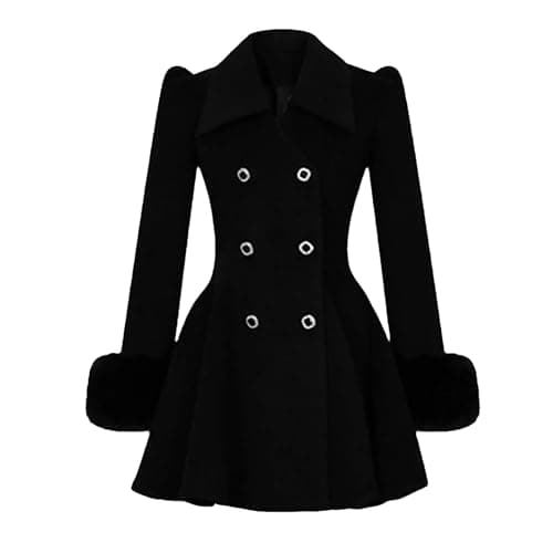 Bciopll Women's Black Double Breasted Woolen Coat With Faux Hair Cuffs Lapel Collar Flared Hem Slim Fit Winter Overcoat - Image 1