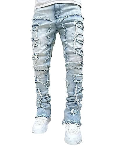 Stacked Jeans Men Skinny Ripped Jeans Slim Fit Patchwork Denim Pants Y2K Goth Harajuku Emo Hip Hop Jeans Trouser thumbnail 2