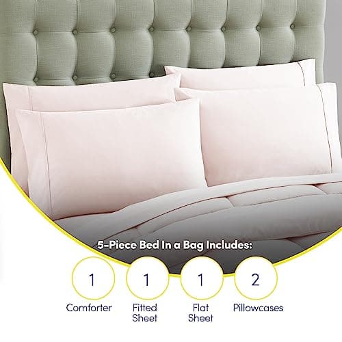 Sweet Home Collection 5 Piece Comforter Set Bag Solid Color All Season Soft Down Alternative Blanket & Luxurious Microfiber Bed Sheets, Pale Pink, Twin thumbnail 6