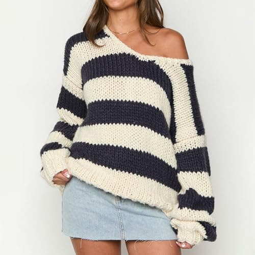 Women Striped Knit Sweaters Oversized Drop Shoulder Long Sleeve Loose Knitted Tops Knit Fall Pullover Tops (A-Navy Blue, S) thumbnail 2