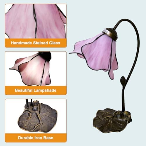 VirtueKing Tiffany Table Lamp Pink Lotus Stained Glass Lamp 8" Wide 14" Tall Bedside Table Light Desk Lamps Vintage Reading Lamp with Color Changing LED Bulb thumbnail 5