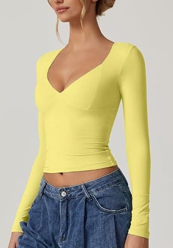 QINSEN Women's Long Sleeve V Neck T Shirts Double Lined Crop Top Seamed Cup Going Out Tops thumbnail 2