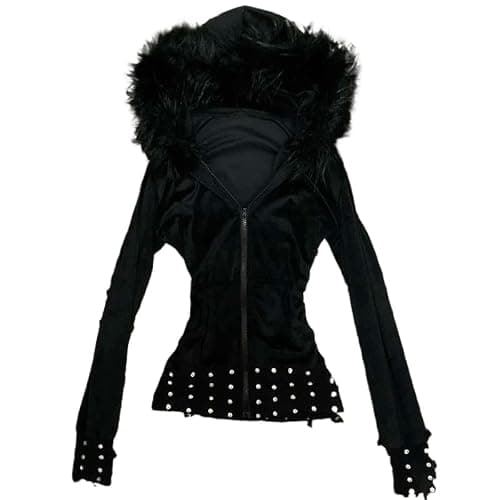 GGOOB Women's Y2k Faux Fur Hood Zip Up Hoodie Teen Girls Cute Winter Crop Coats Y2k Emo 2000s Fitted Hem Hoodies thumbnail 2